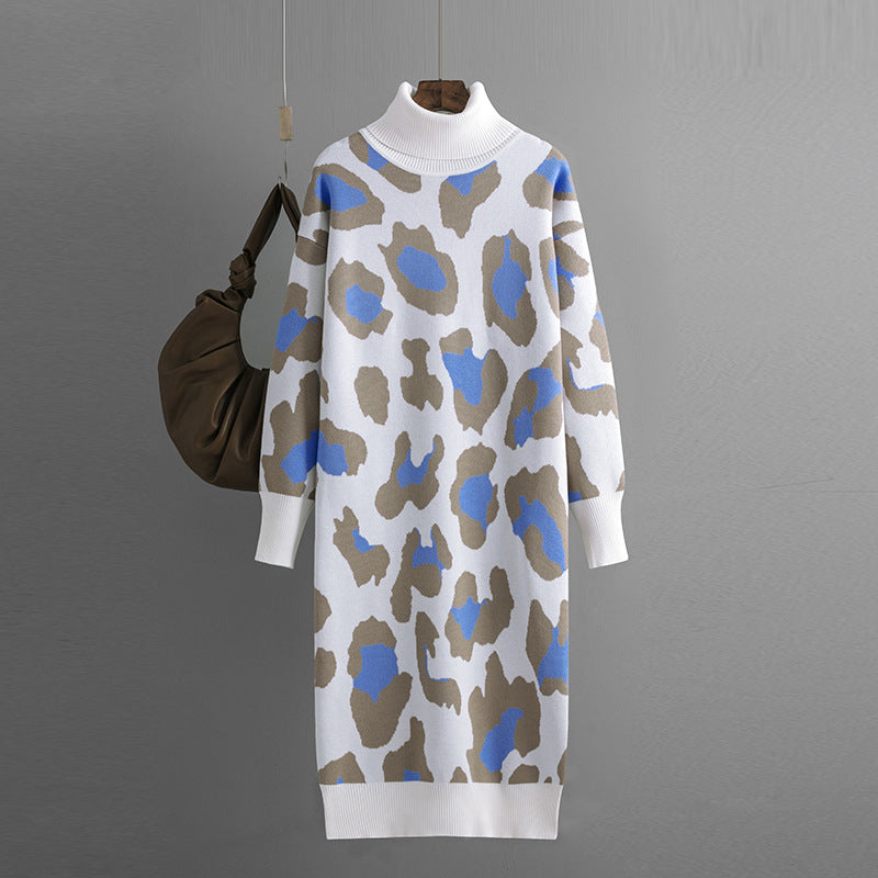 Autumn Winter Turtleneck Base Knitted Dress Leopard Print Maxi Dress for Women