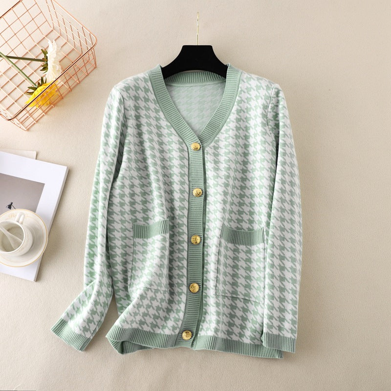 Knitted Cardigan for Women Autumn V-neck Long Sleeve Loose Plus Size Mid Length Top Coat