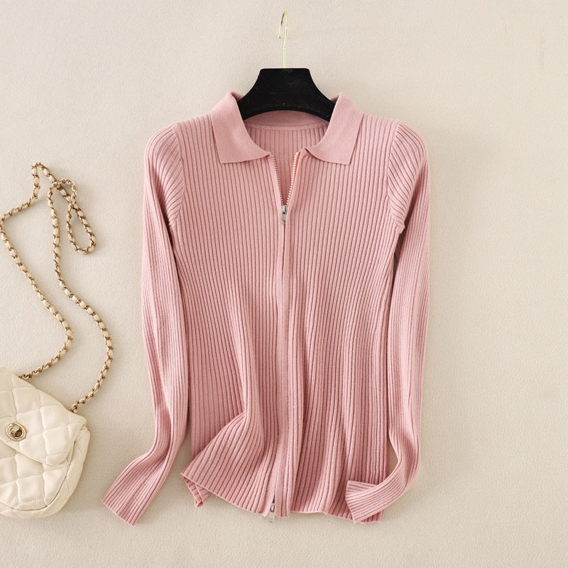 Knitted Bottoming  Solid Color Slim Fit Top Long Sleeve Polo Collar Women Short Sweater Autumn Winter Cardigan