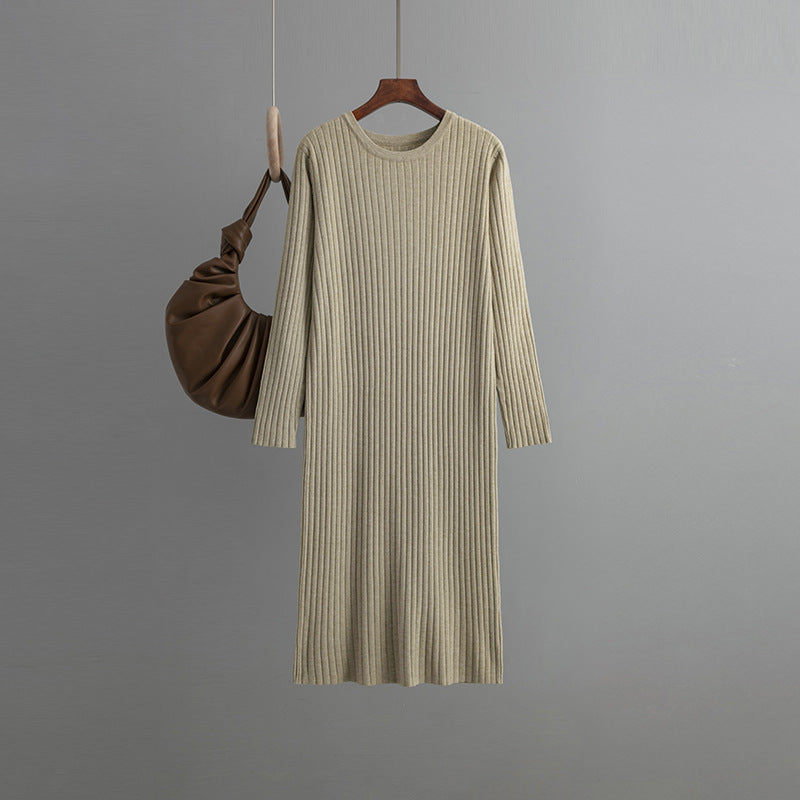 Autumn Winter Round Neck Loose Long Sleeves Knitted Dress Women Long below the Knee Underdress