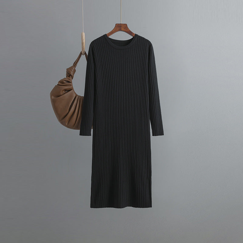 Autumn Winter Round Neck Loose Long Sleeves Knitted Dress Women Long below the Knee Underdress