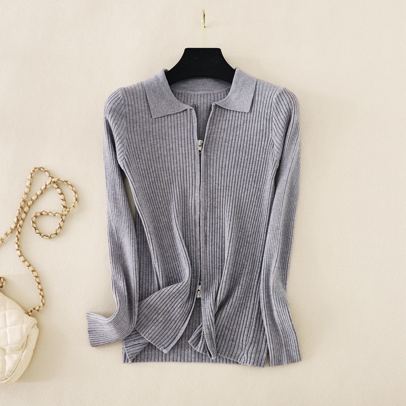 Knitted Bottoming  Solid Color Slim Fit Top Long Sleeve Polo Collar Women Short Sweater Autumn Winter Cardigan