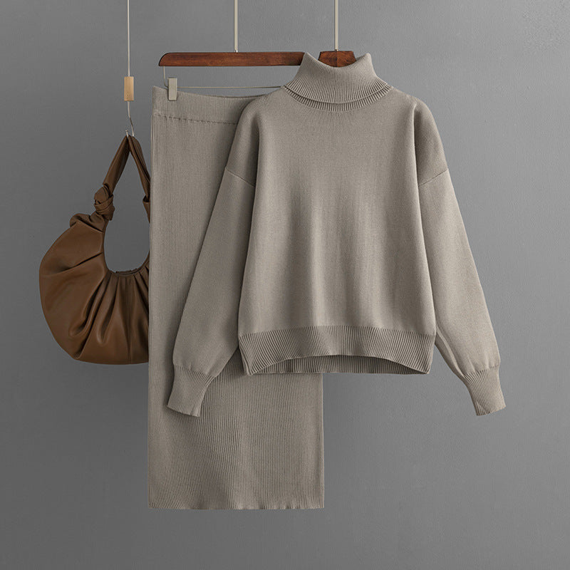 Knitting Suit Women Autumn Winter Solid Color Turtleneck Sweater Sheath Skirt Two Piece Set