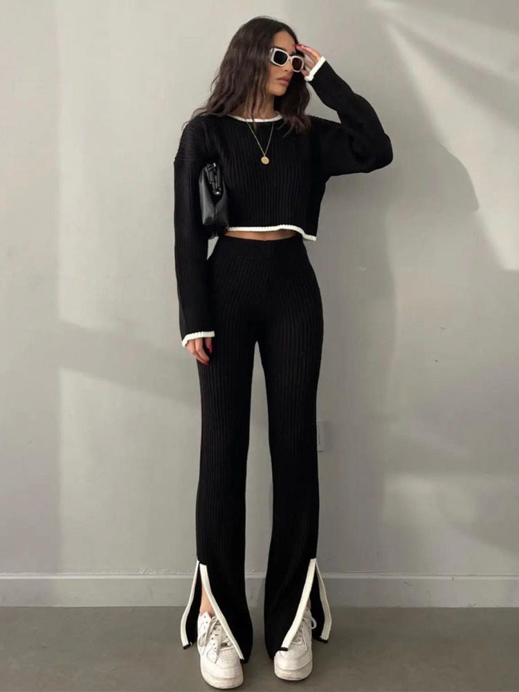 Autumn Winter Knitting Trousers Set round Neck Long Sleeve Short Sweater