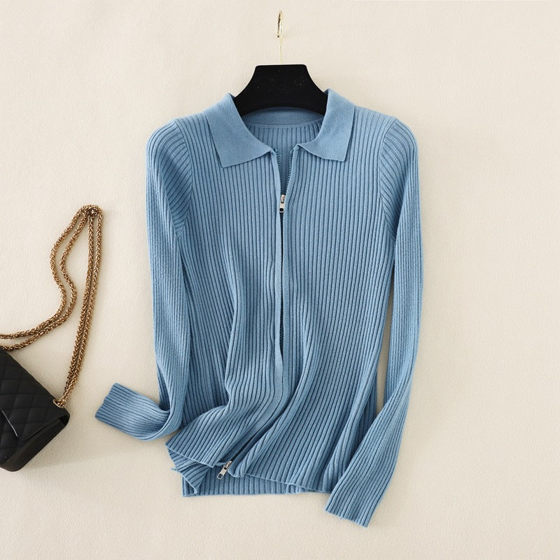 Knitted Bottoming  Solid Color Slim Fit Top Long Sleeve Polo Collar Women Short Sweater Autumn Winter Cardigan