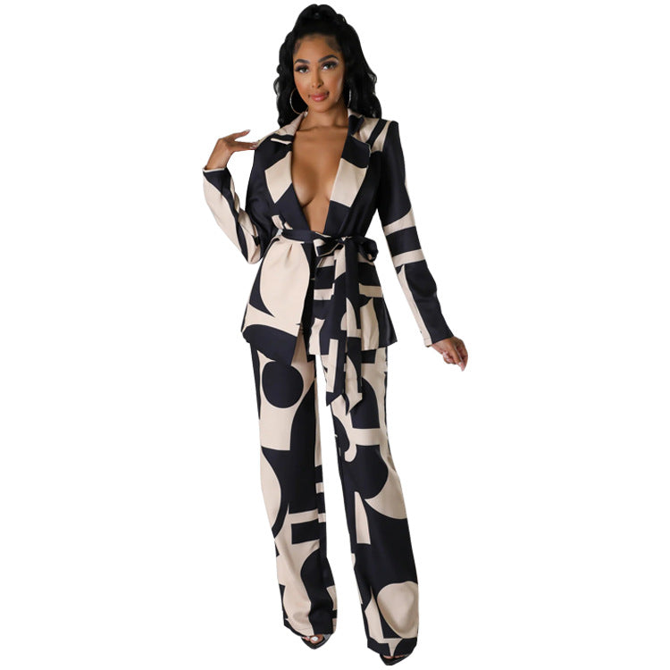 Women Clothing Fall Winter Printed Suit Collar Office Business Two Piece Set