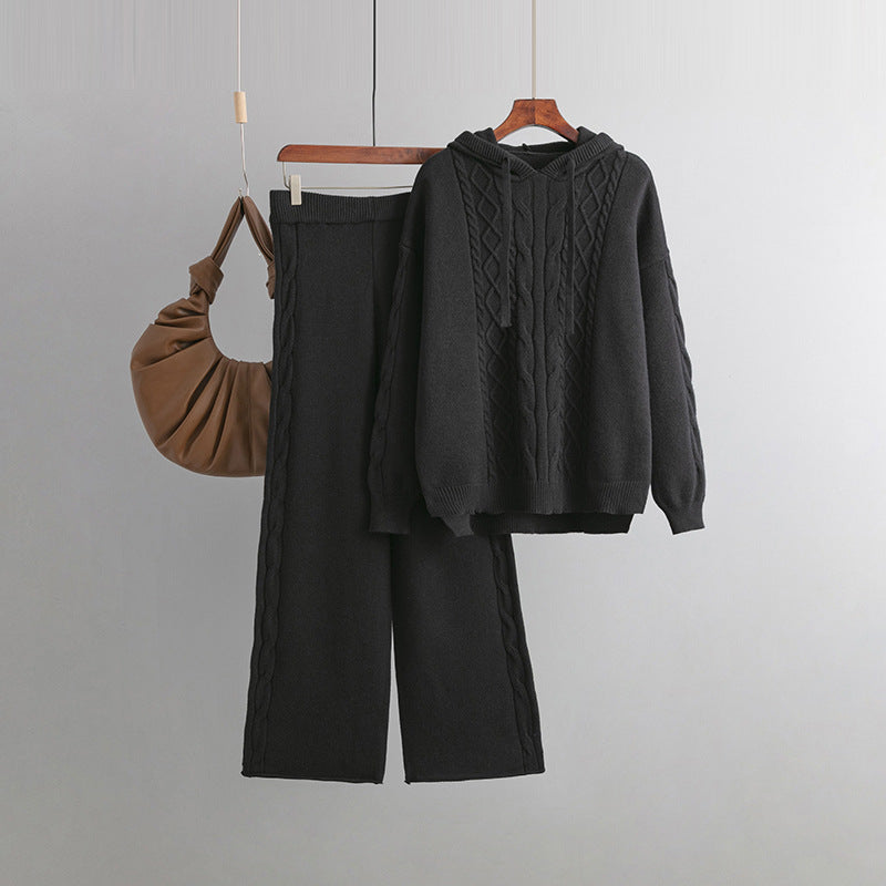 Suit Hoodie with Drawstrings Loose Sweater Draping Wide Leg Trousers Twist Two Piece Suit