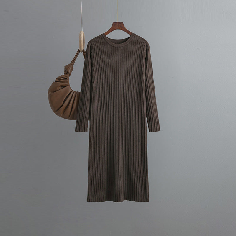 Autumn Winter Round Neck Loose Long Sleeves Knitted Dress Women Long below the Knee Underdress