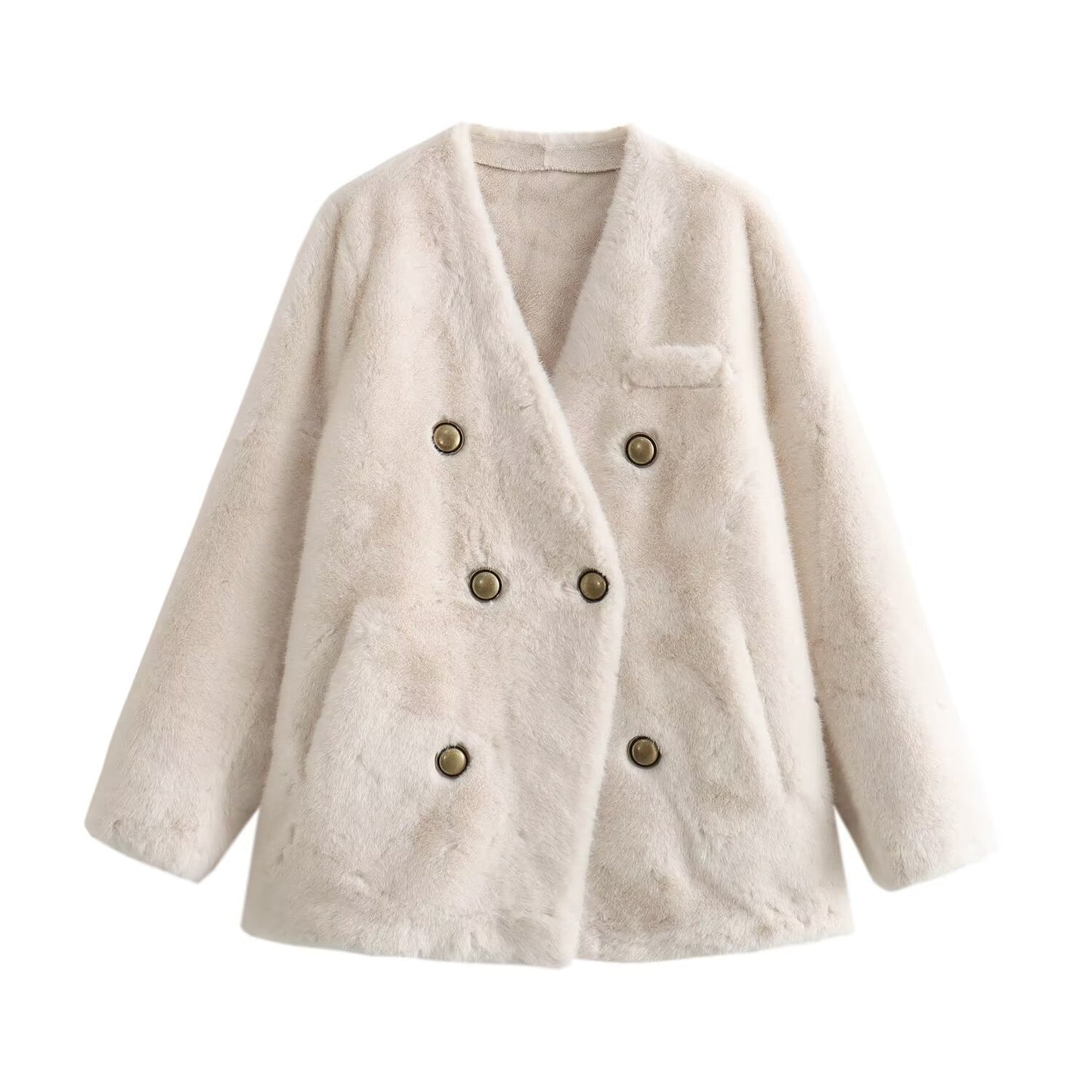 Winter Women Clothing Mink like Faux Shearling Jacket V neck Long Coat