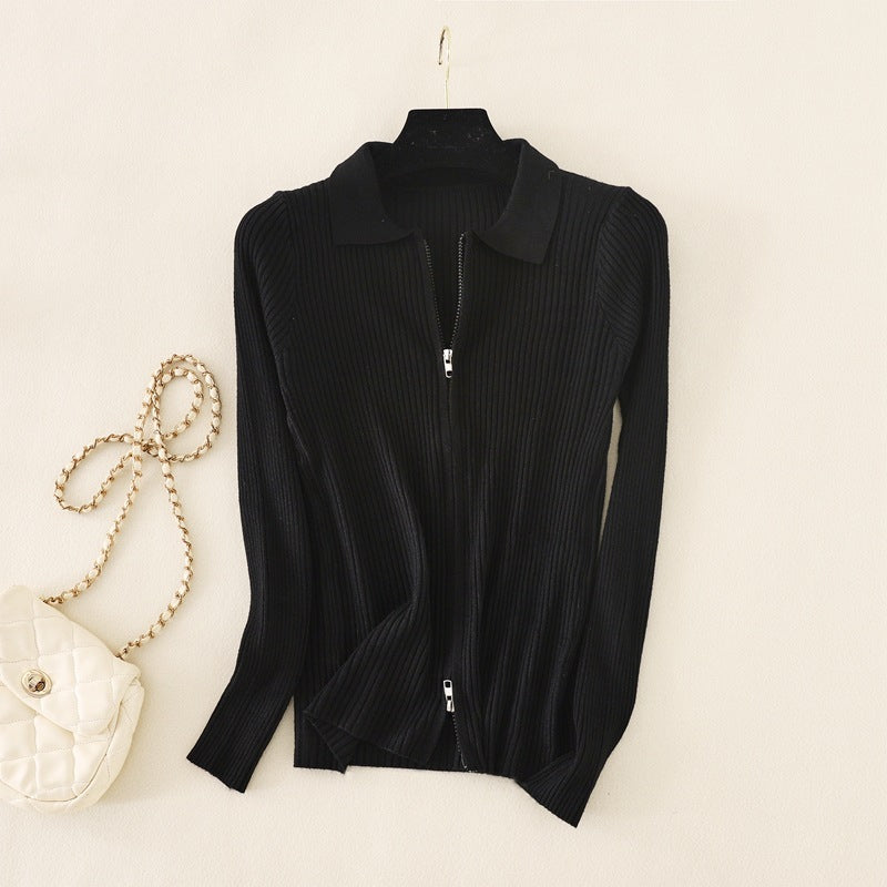 Knitted Bottoming  Solid Color Slim Fit Top Long Sleeve Polo Collar Women Short Sweater Autumn Winter Cardigan