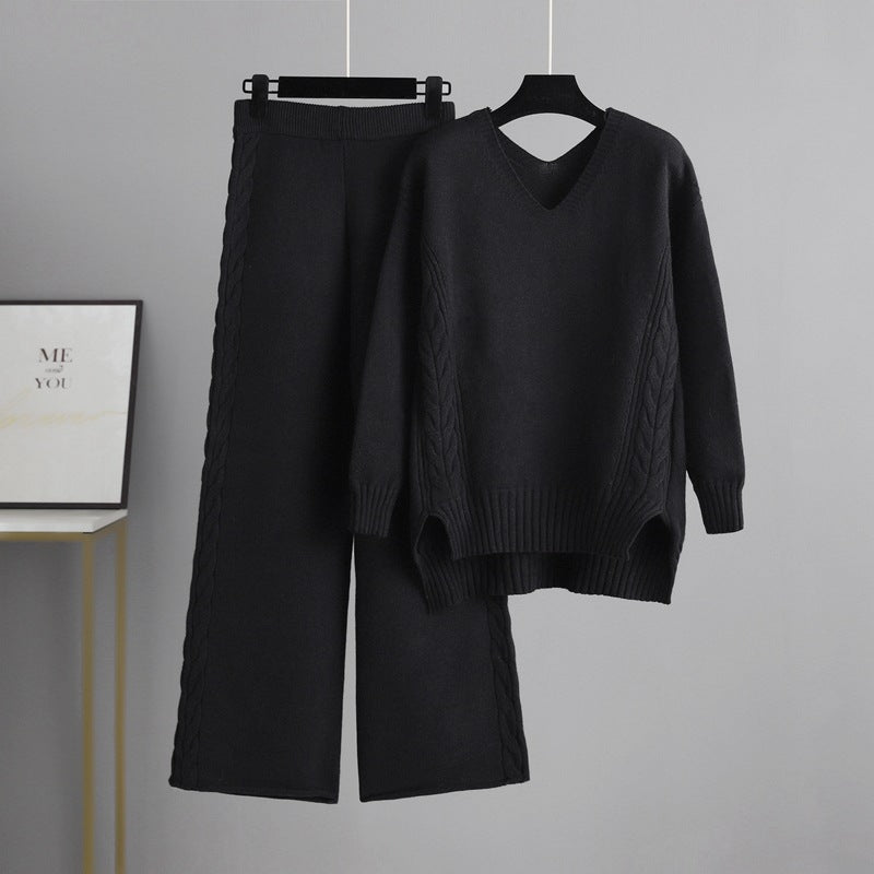 Knitted Wide Leg Pants Sweater Suit for Women Autumn Korean Loose Thick Twet