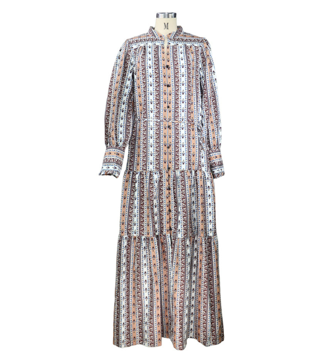 Women Clothing Autumn Winter Elegant Cardigan Bohemian Printed Maxi Dress