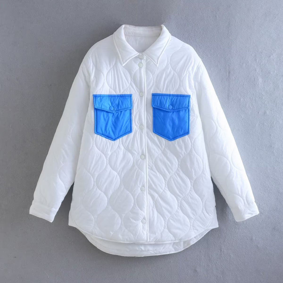 Autumn Women Loose Contrast Color Quilted Shirt Cotton Coat Jacket