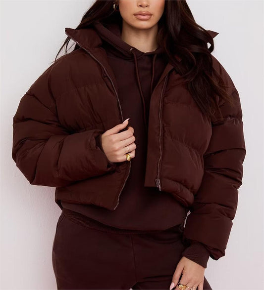 Cotton Padded Coat for Women Autumn Winter Brown Stand up Collar Cotton Padded Clothes Loose Casual Bread Coat Warm