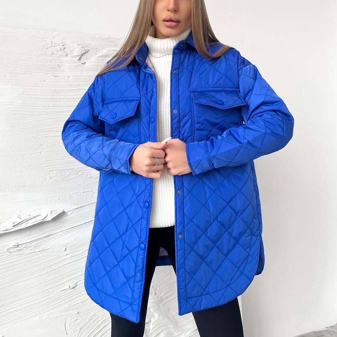 Long Breasted Collared Loose Warm Rhombus Cotton Padded Coat Autumn Winter Wild Thickened Cotton Padded Coat for Women