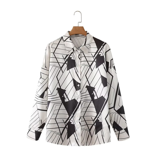 Geometric Abstract Pattern Mid Length Collared Long Sleeve Shirt