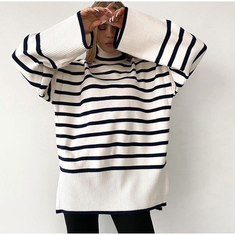 Autumn Winter Knitwear Pullover Striped Turtleneck Sweater Loose Casual Women Clothing