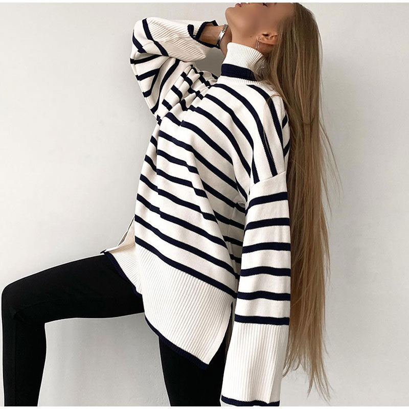 Autumn Winter Knitwear Pullover Striped Turtleneck Sweater Loose Casual Women Clothing