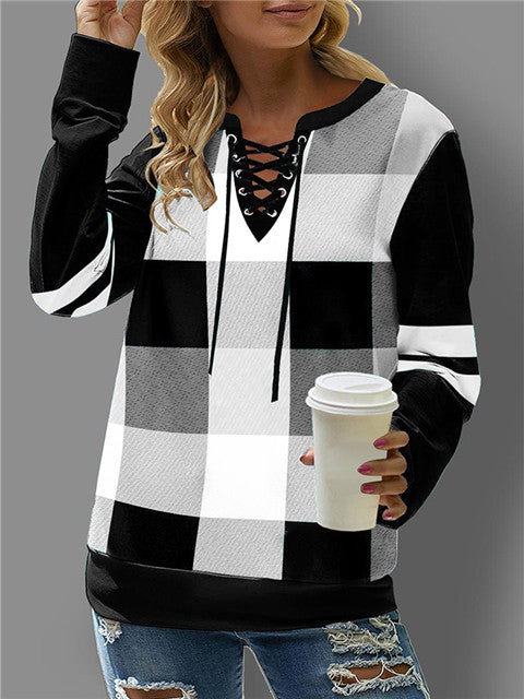 Autumn Winter Sweater Women Clothing Printed Checks Long Sleeve Color Matching Tied V Neck Sweater