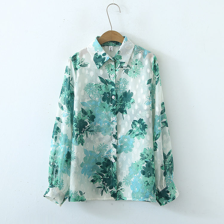 Women Spring Fall Casual Floral Regular Collared Long Sleeve Shirts
