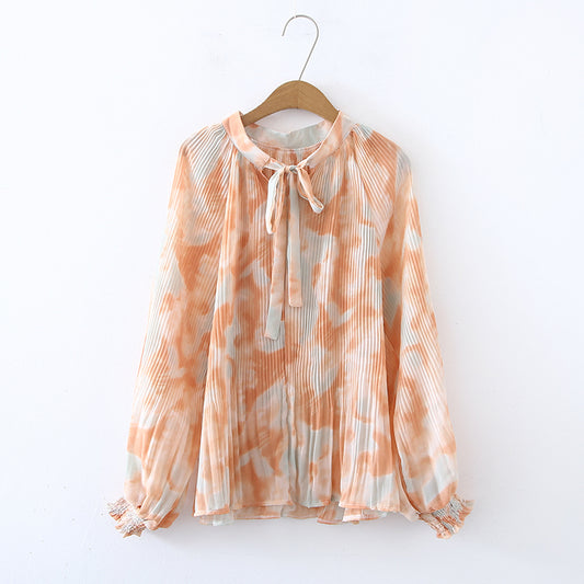 Women Spring Fall Elegant Regular Tie Dye Tie Neck Long Sleeve Blouses