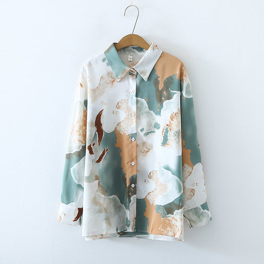 Women Spring Fall Casual Collared Long Sleeve Printed Shirts