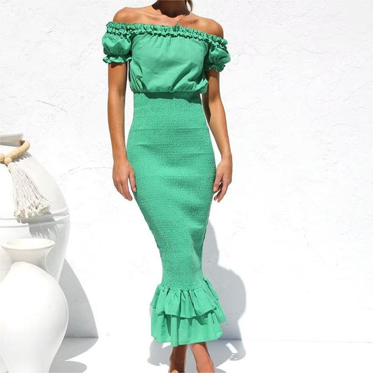 Women Clothing Puff Sleeve Slim Fit Sheath Fishtail Dress