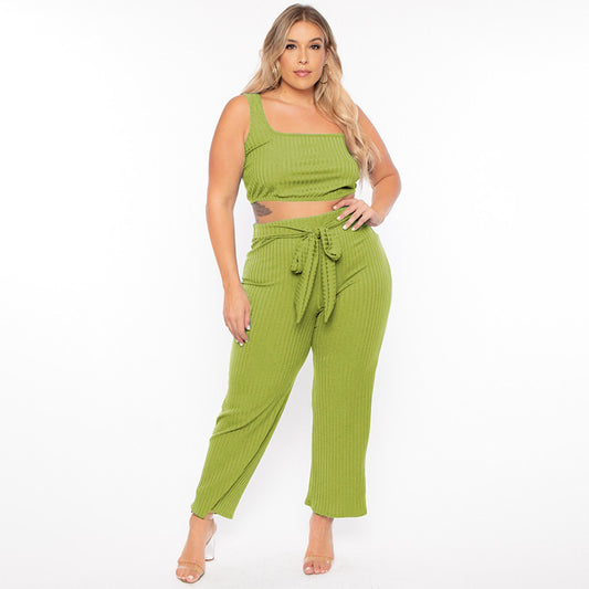 Plus Size Women Clothes Summer Solid Color Sexy Vest Two Piece Ribbon Blouse Pants