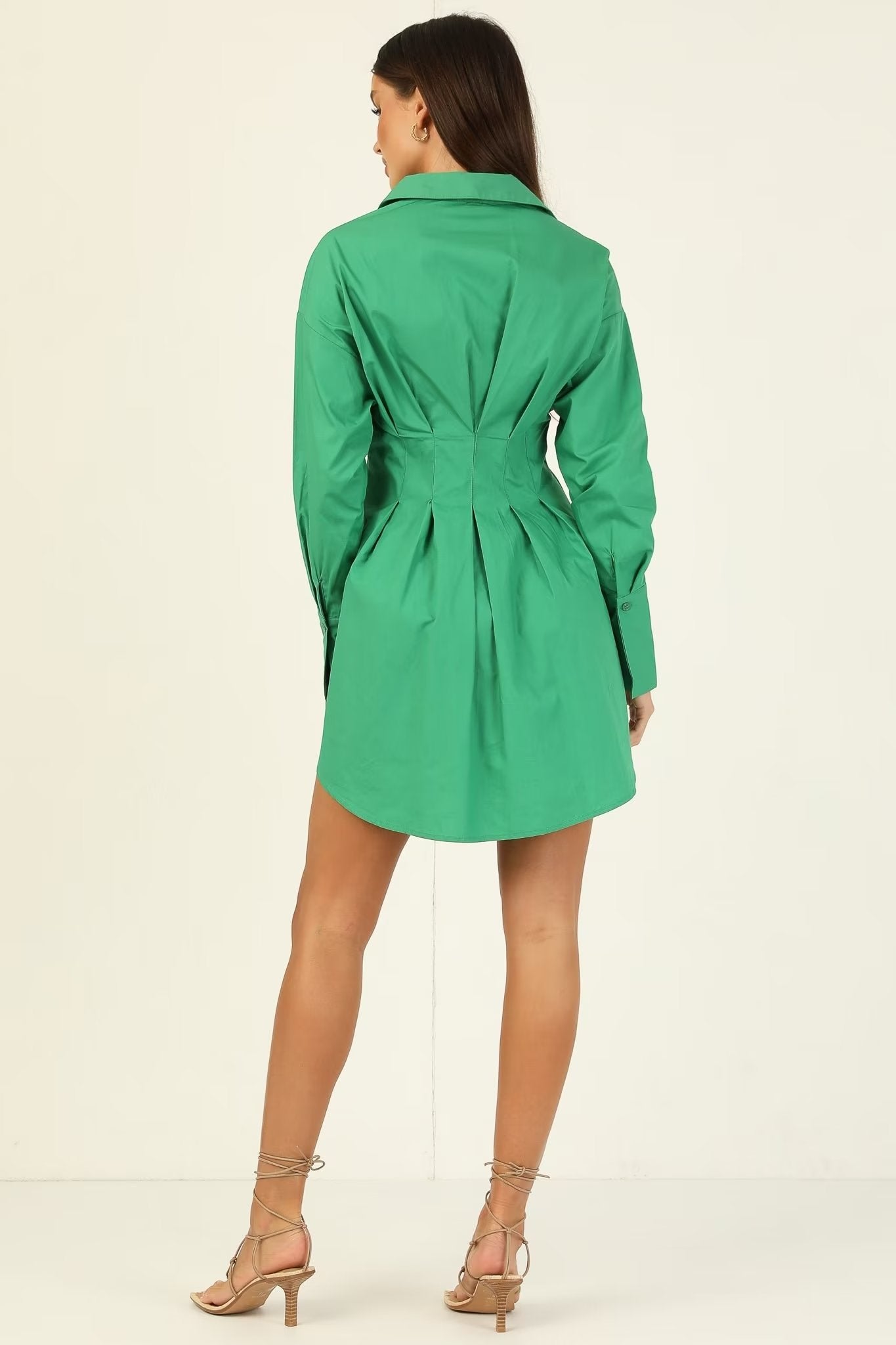 Fall Vacation Green Women Clothing Urban Casual Waist Tight Shirt Long Sleeve Slim Dress