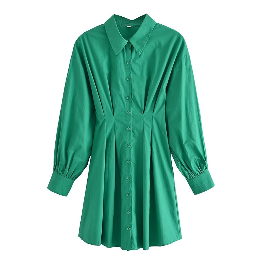 Fall Vacation Green Women Clothing Urban Casual Waist Tight Shirt Long Sleeve Slim Dress