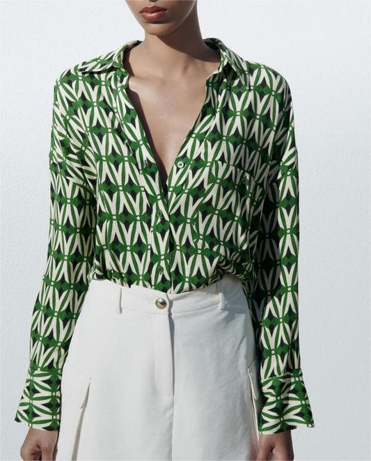 Geometric Abstract Print Long Sleeve Single Breasted Shirt Cardigan Top