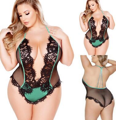 Plus Size Girls Sexy Lace Mesh See-through Halter One-Piece Sexy Lingerie