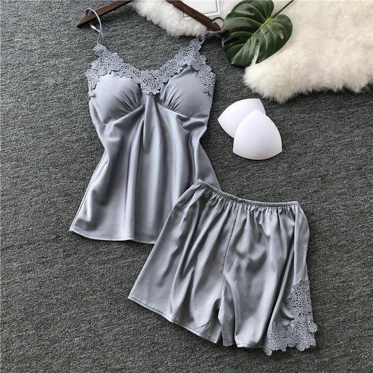 Sexy Underwear Imitation Silk Split Lace Pajamas Set