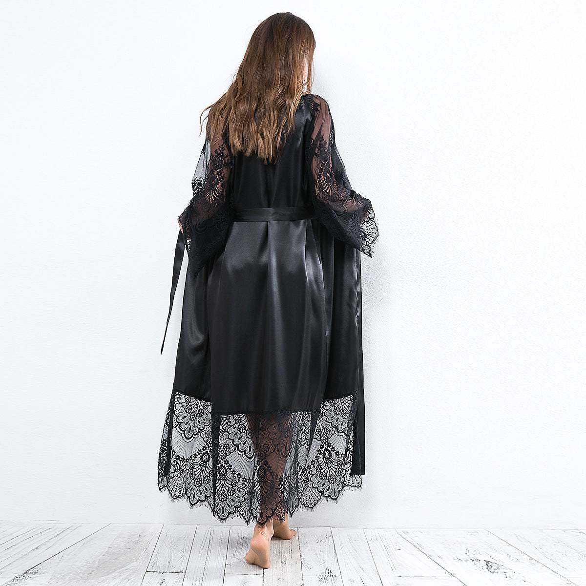 Hollow Out Cutout out satin lace Long Sleeve Nightgown Bathrobe