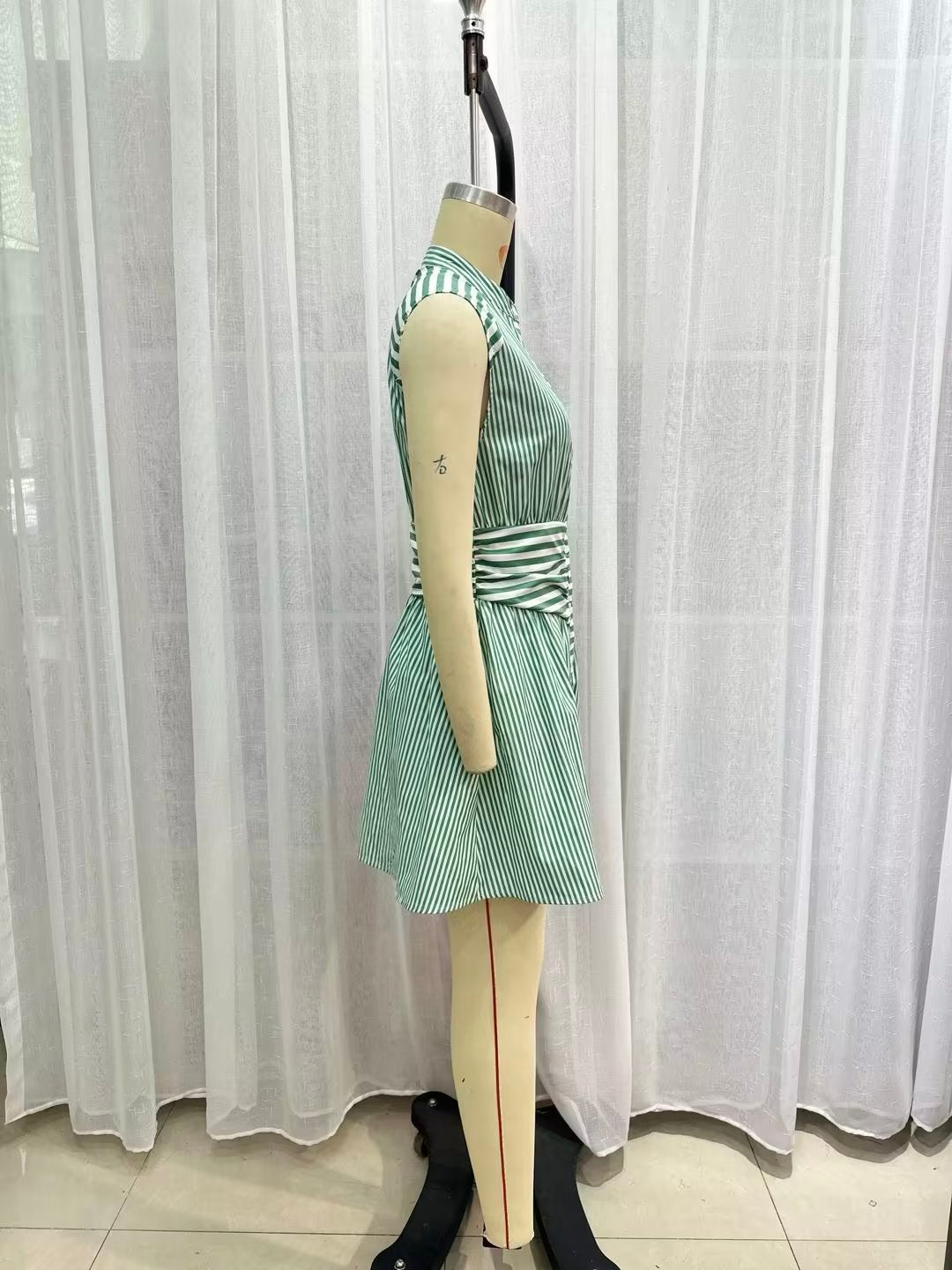 Summer Fitted Waist Shirt Dress Gray with Turn-down Collar Beach Striped Dress