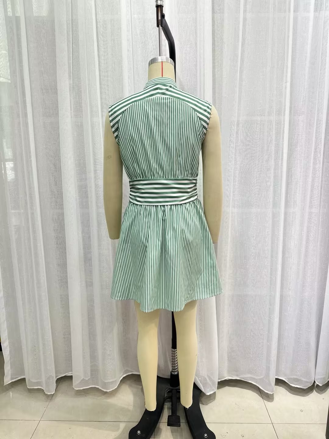 Summer Fitted Waist Shirt Dress Gray with Turn-down Collar Beach Striped Dress