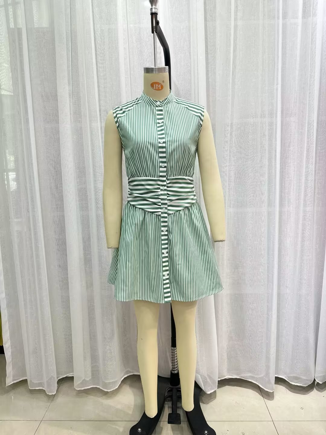 Summer Fitted Waist Shirt Dress Gray with Turn-down Collar Beach Striped Dress