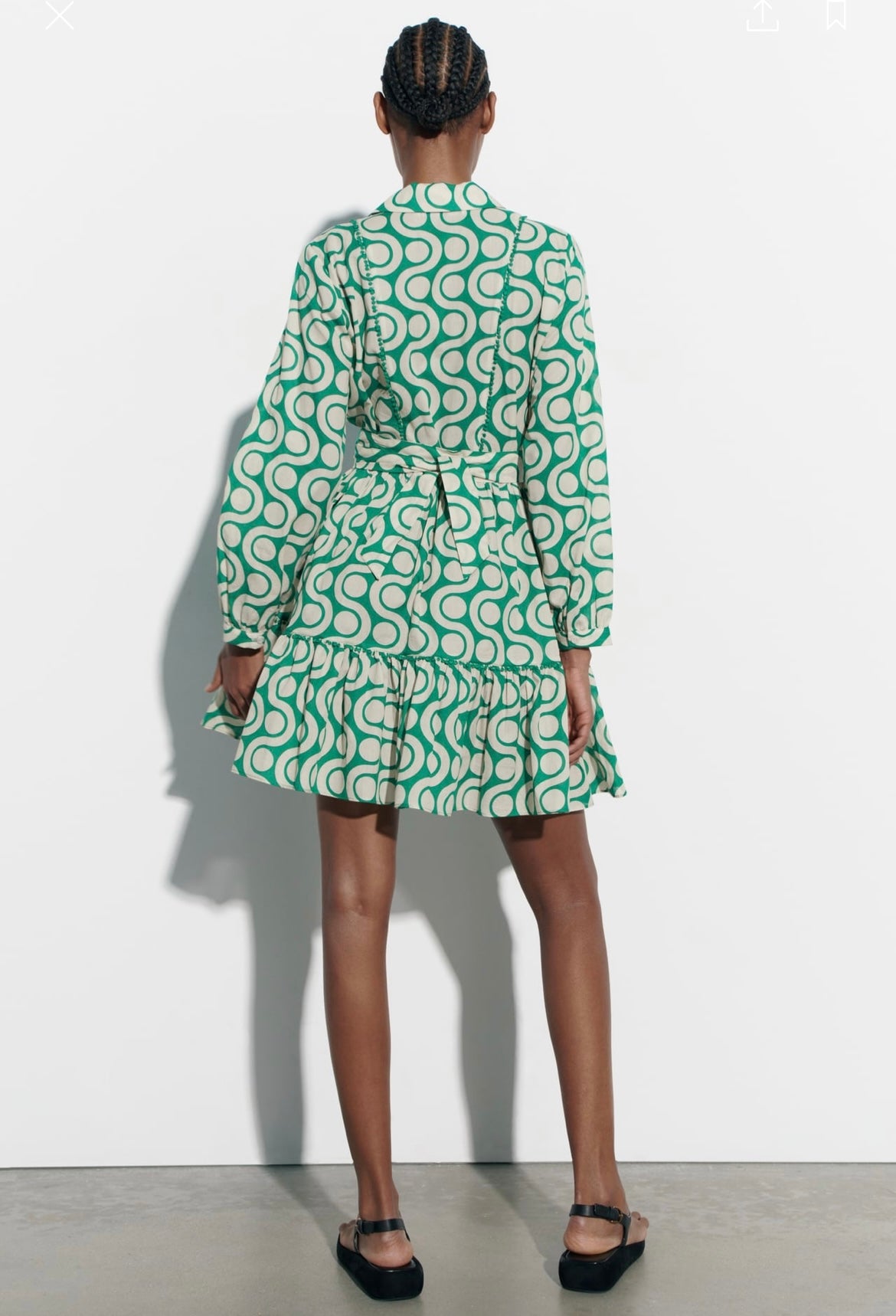 Geometric Abstract Pattern Printed Waist Controlled Long Sleeve Dress