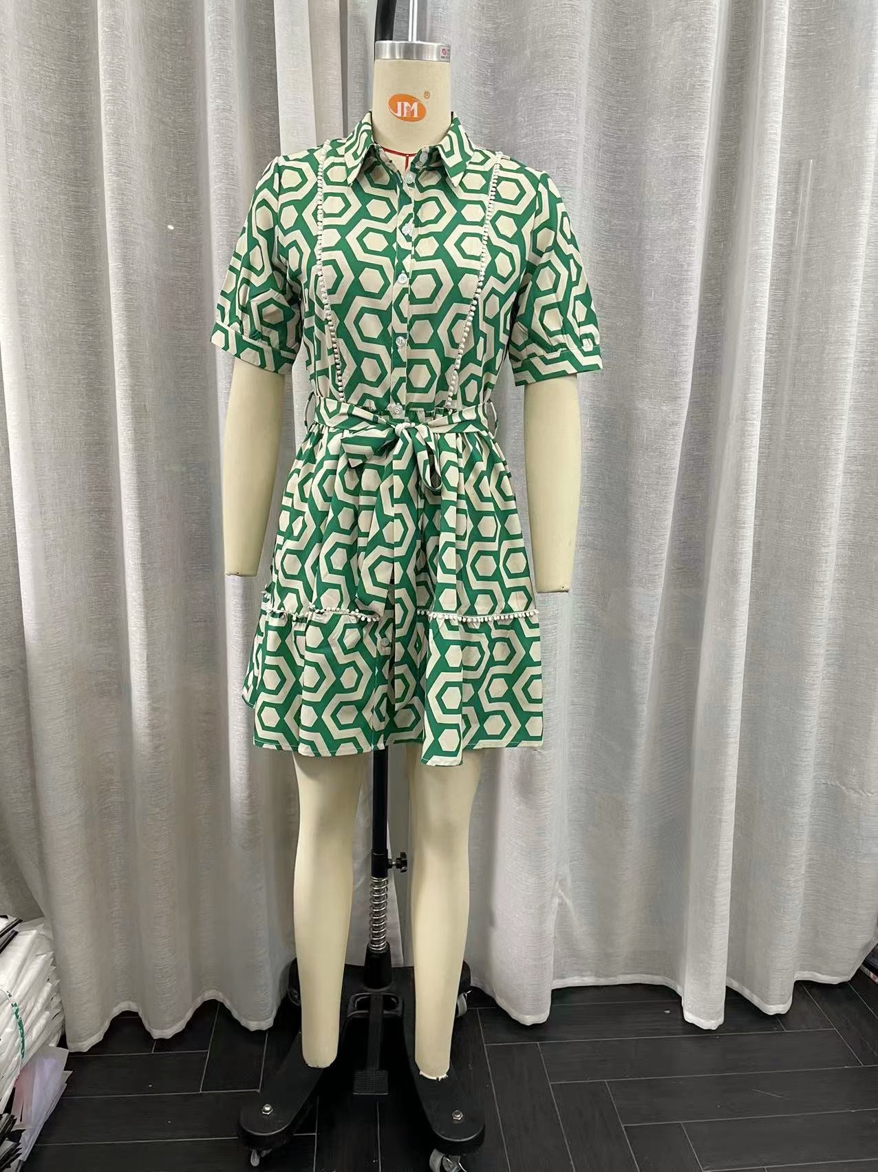 Geometric Abstract Pattern Printed Waist Controlled Long Sleeve Dress