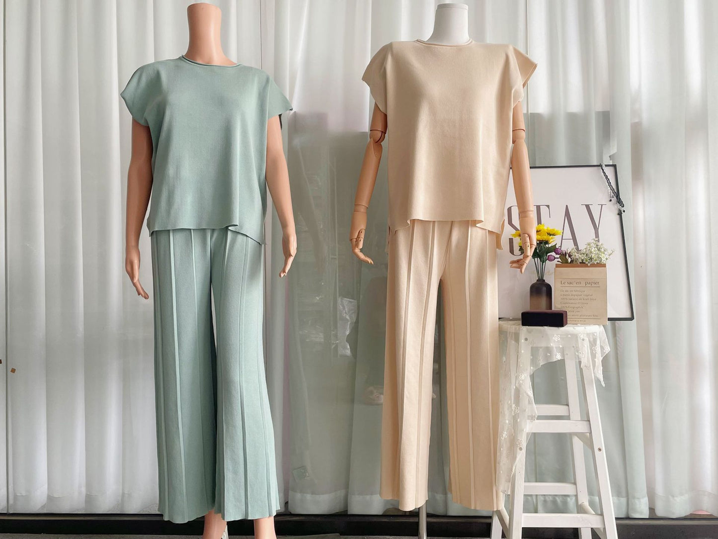 Casual Suit Women Sleeveless Vest Sweater Wide Leg Pants Ice Silk Suit