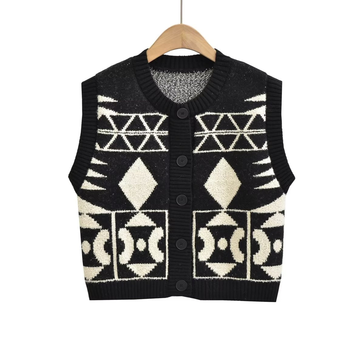 Simple Breasted round Neck Long Sleeve Contrast Color Jacquard Vest Knitted Vest