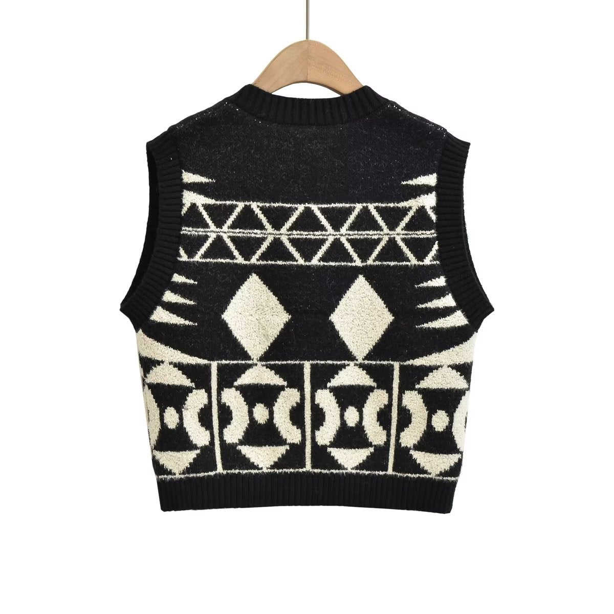 Simple Breasted round Neck Long Sleeve Contrast Color Jacquard Vest Knitted Vest