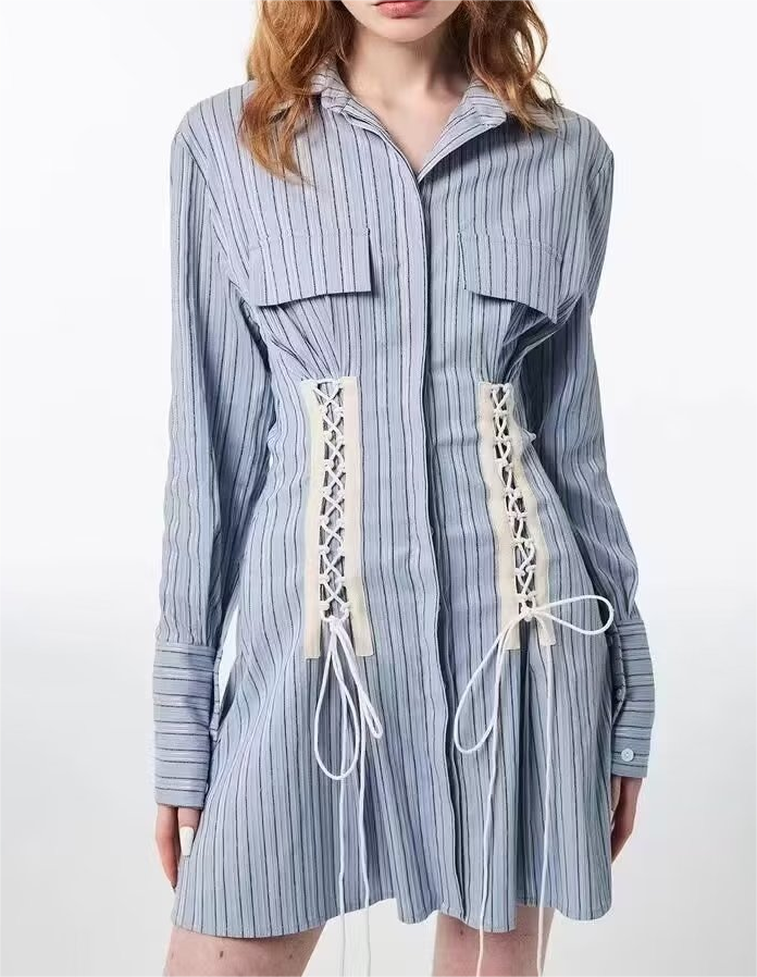 Pure Elegant Collared Single Row Ornament Shirt Dress