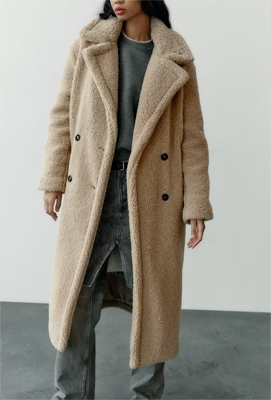 Collared Thickening Mid Length Lamb Wool Long Overcoat Outerwear