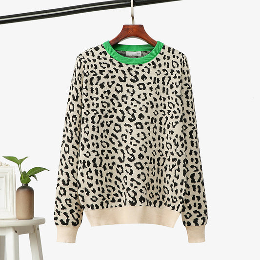 Women Pullover  Leopard Jacquard Contrast Color Loose Bottoming  Women Sweater
