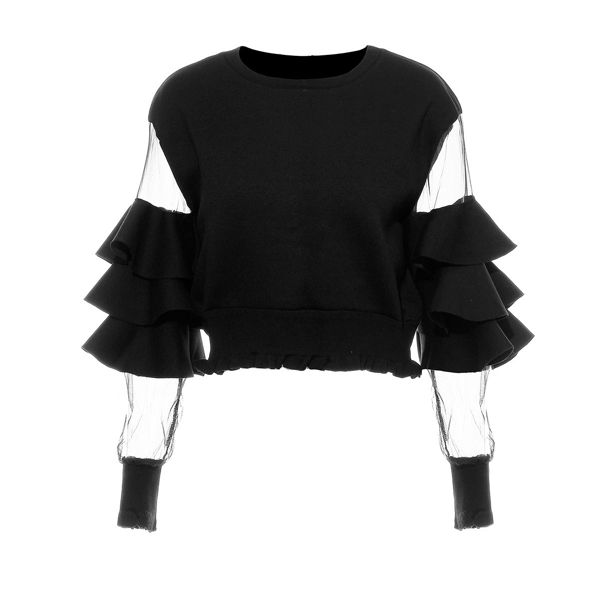 Air Layer Stitching Mesh See Through Ruffled Thread Cuff Hem Short Sweater Women