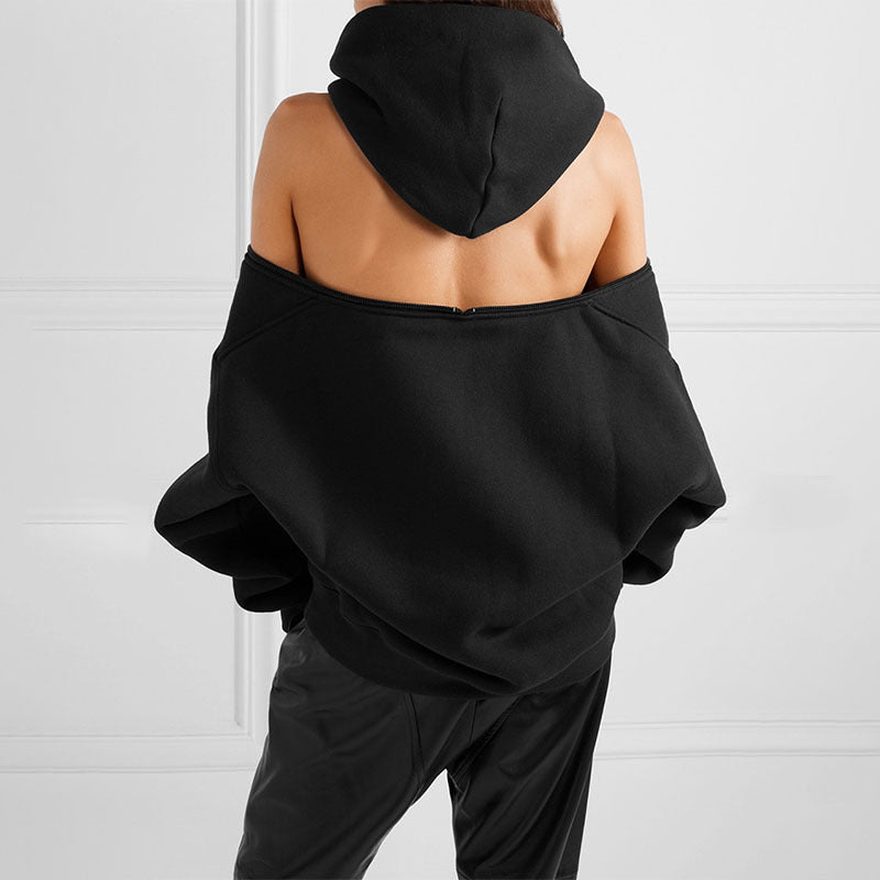 Spring Baggy  Zipper Off Shoulder Top Hooded Thickened  Women