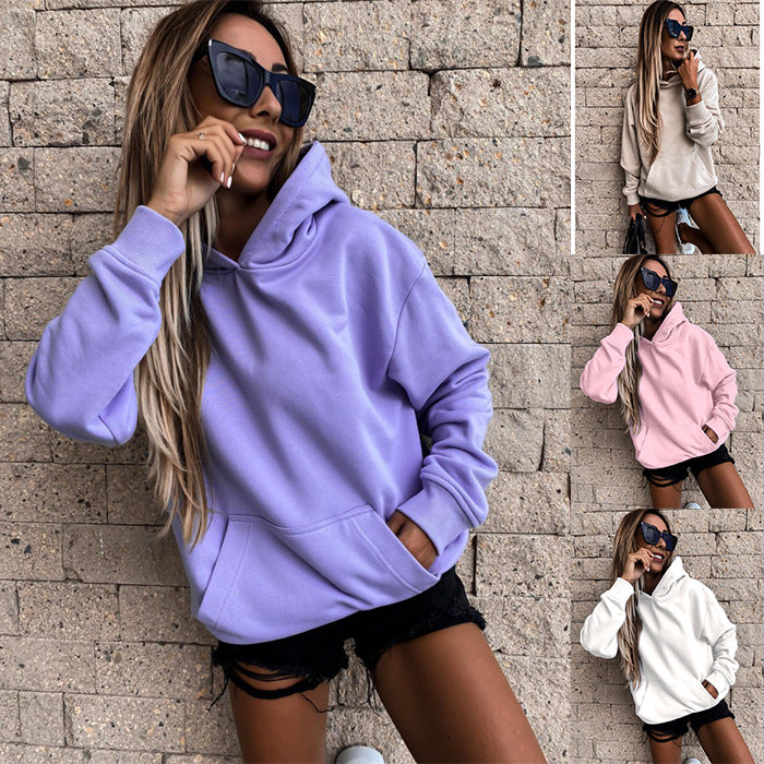 Autumn Winter Long Sleeves Solid Color Pullover Hooded  Top Women Clothing
