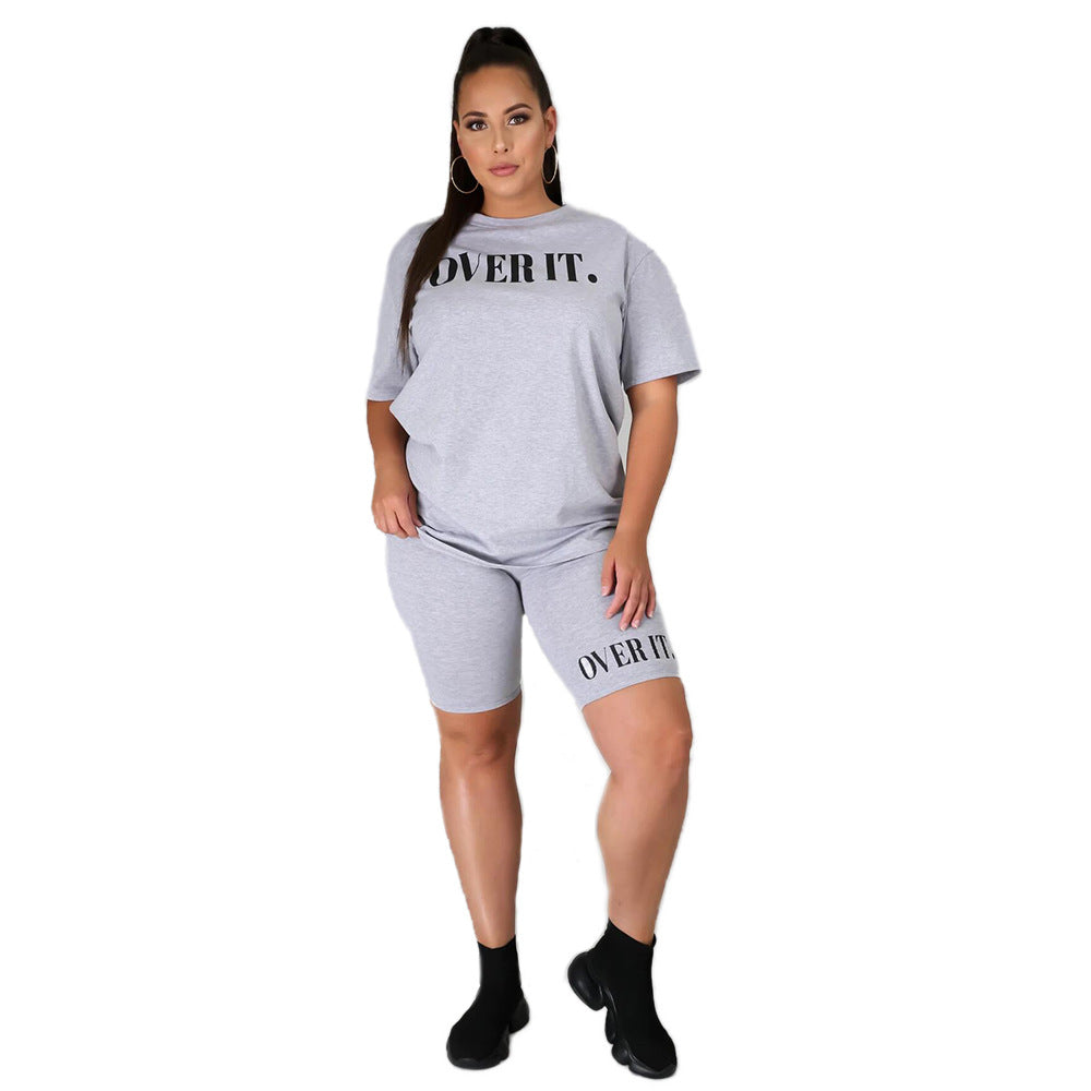 Plus Size Wear Letters Offset Printing Solid Color round Neck Short Sleeves Shorts Casual Women Sports Suit