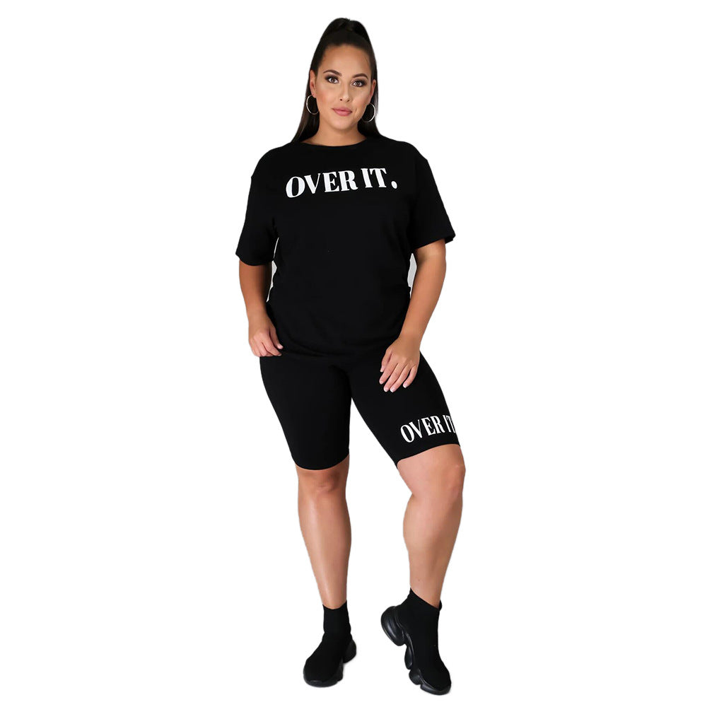 Plus Size Wear Letters Offset Printing Solid Color round Neck Short Sleeves Shorts Casual Women Sports Suit